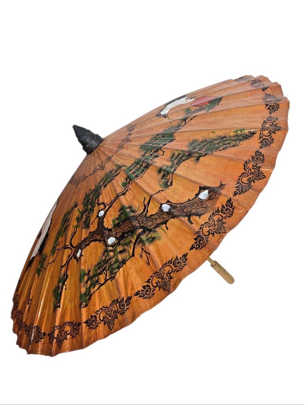Vintage Japanese Style Paper Parasol Hand Painted Cranes Trees Bamboo Umbrella